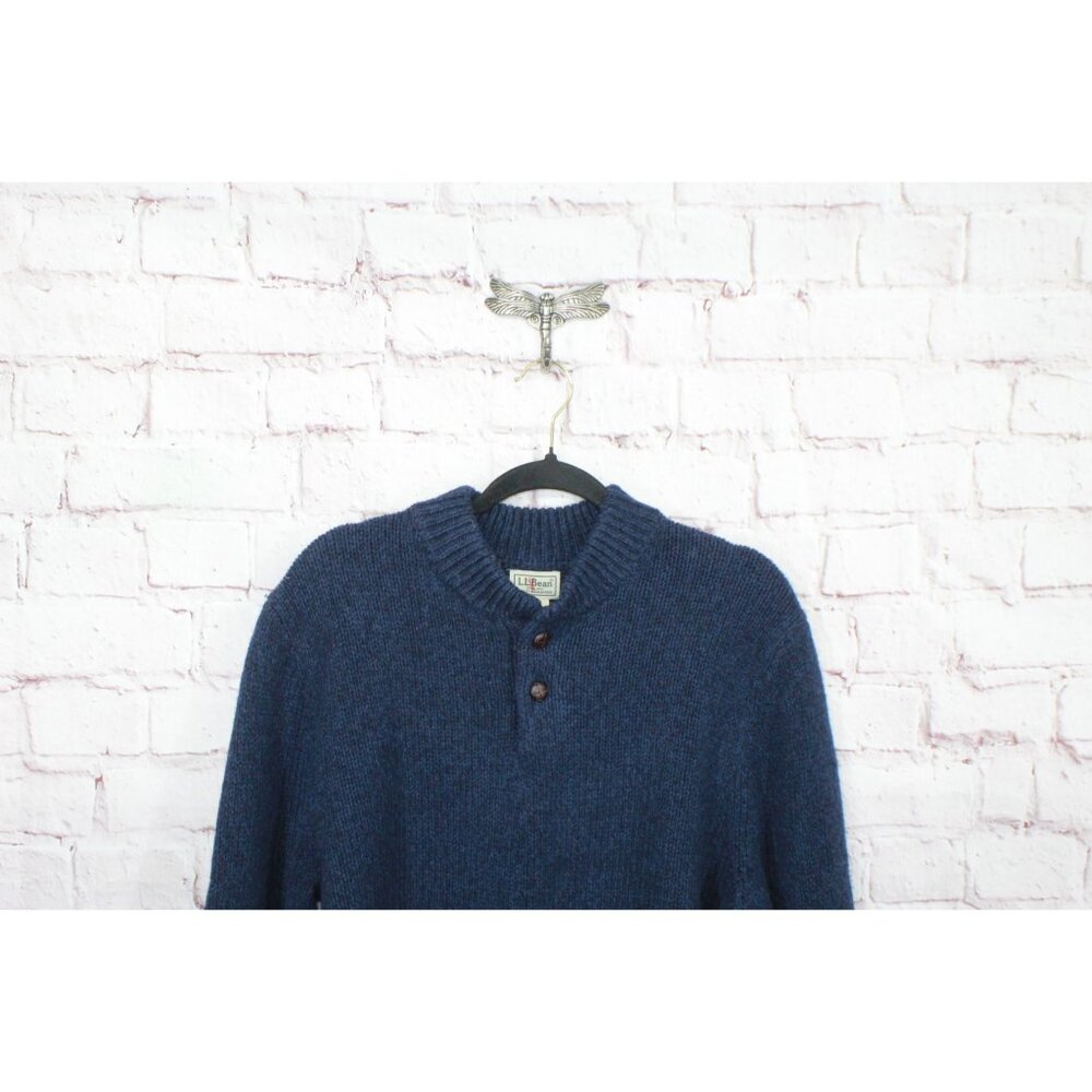 LL Bean Classic Ragg Wool Sweater Henley Nautical Navy Size Medium - Picture 2 of 10